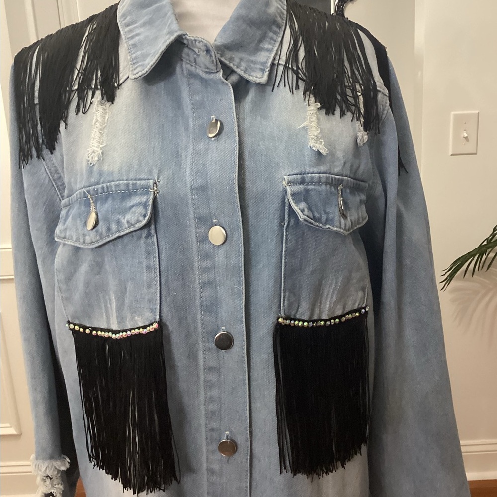 Customized Fringe Denim Jacket Accents ( Size: XXL) (Color: Light Wash Blue) - Picture 2 of 10